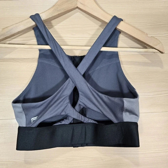 Fabletics Sport Bra Size XS Front Zip High Neck Strappy Cross Back Yoga Gray - Picture 3 of 6